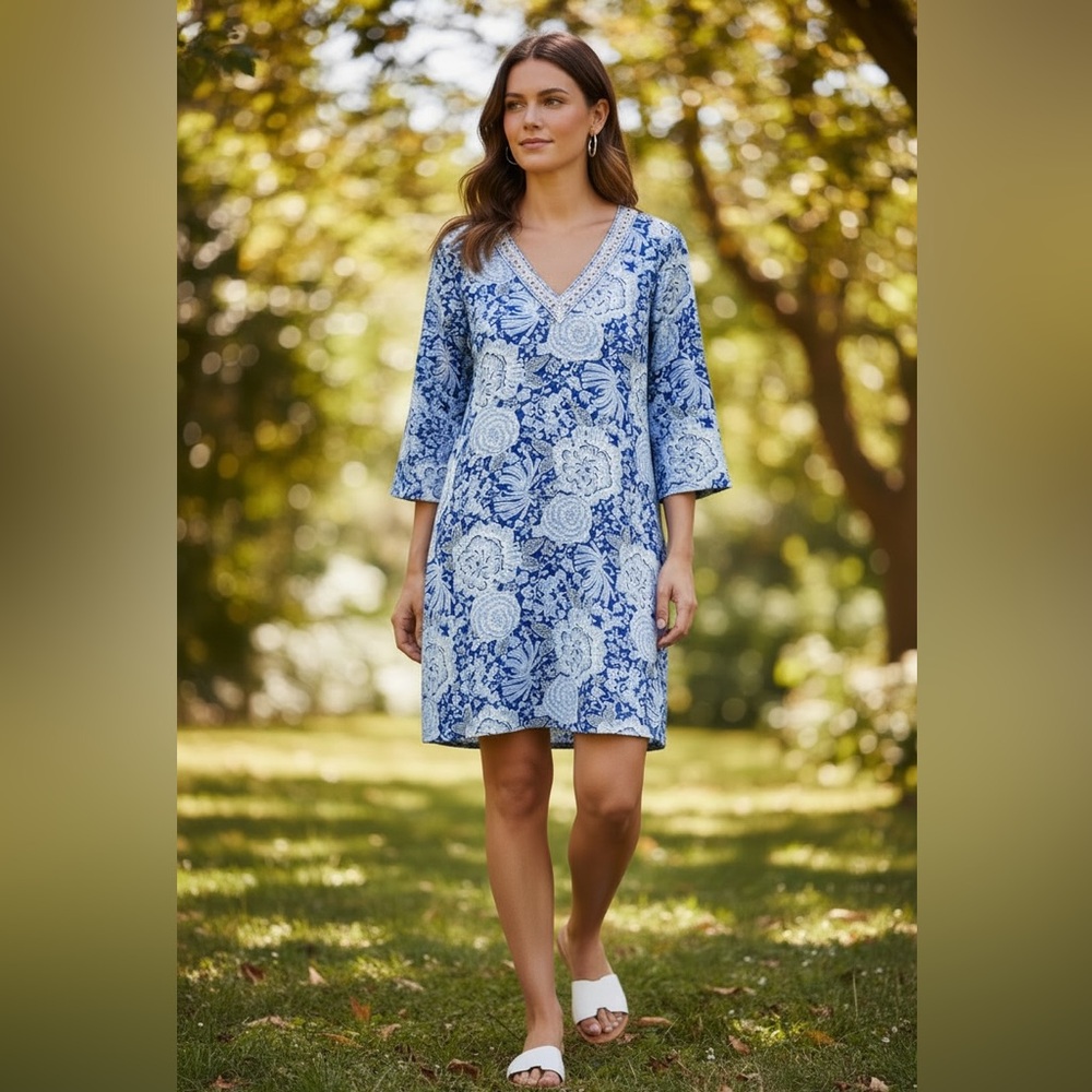 Lands End Blue & White Floral Mini Dress- Sz S- Resort Wear, Cruise, Swim Cover